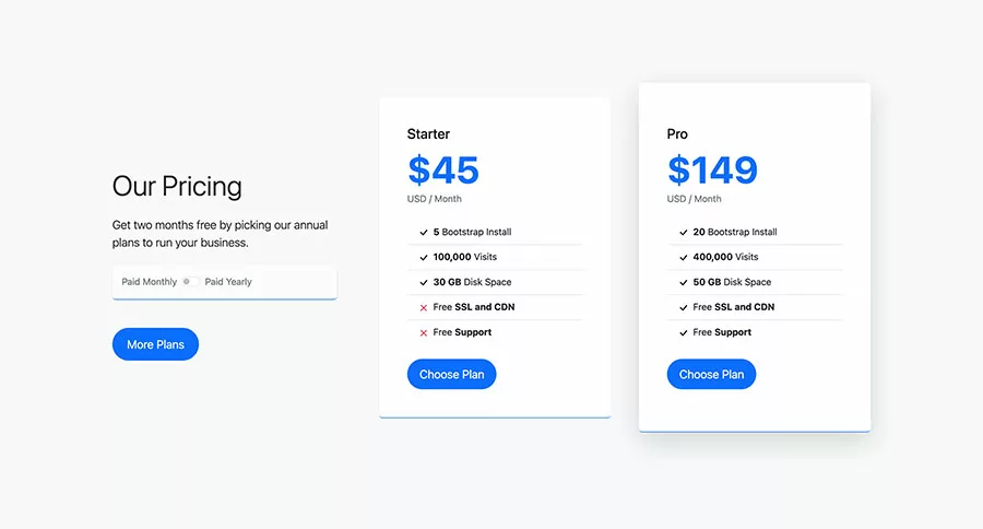 Bootstrap 5 Pricing Comparison Table Snippet with Toggle Switch