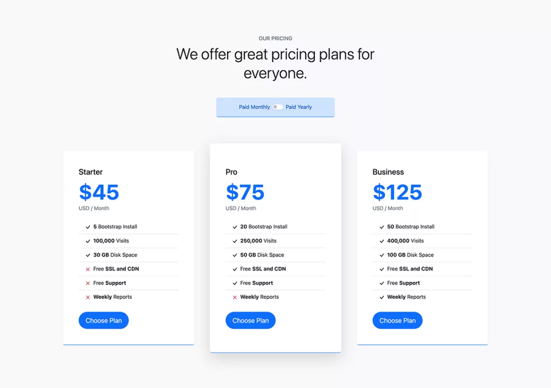 Bootstrap 5 Pricing Comparison Table Template with Toggle Switch
