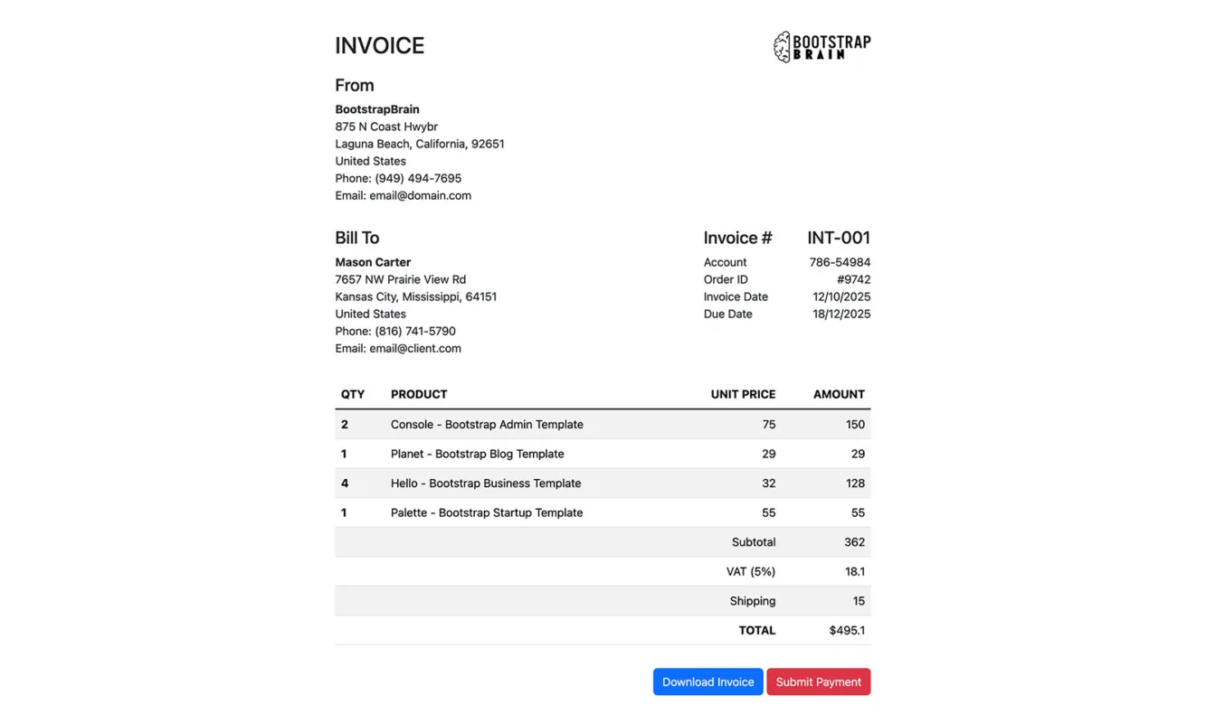 Bootstrap Free Invoice Template